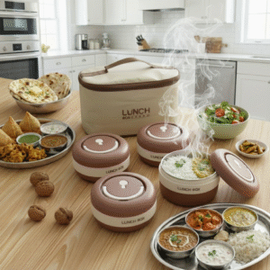 4 Piece Stainless Steel Brown Lunch Box With Foil Bag